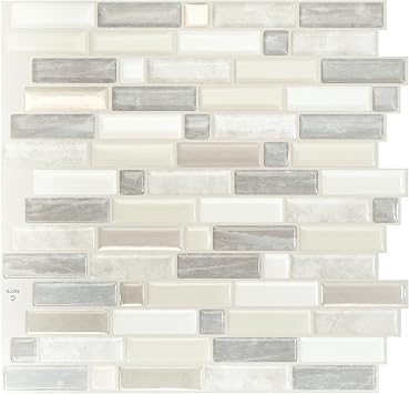 Smart Tiles Peel and Stick backsplash, Mosaic Beige & Cream, 9.72"x9.36" | Pack of 5 2.9 sq ft, Glossy, Heat/Moisture Resistant, Low VOC, Kitchen/Bathroom, Renter Friendly, Made in Canada