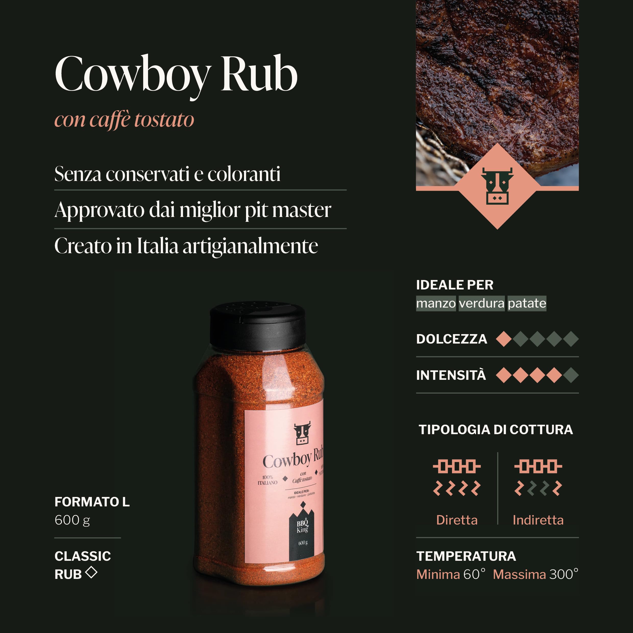 BBQ KING - Cow Boy Rub Confezione da 600 Gr, Dry Rub Bbq per Bistecche Ideale per Barbecue e Grill, Set Spezie Cucina 100% Made in Italy, Miscela di Spezie per Bistecche, Hamburger o Arrosti