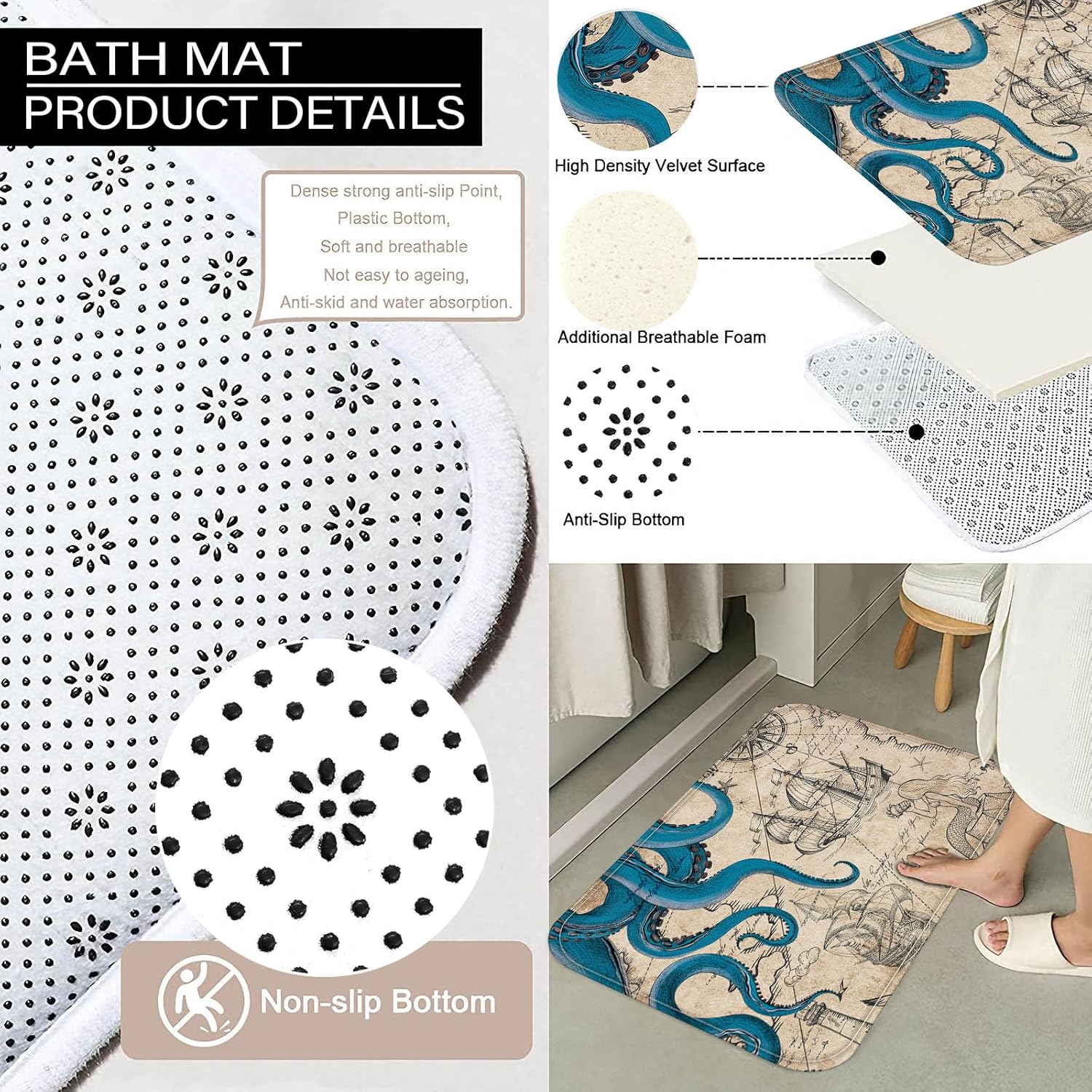 4 Pcs Vintage Nautical Octopus Shower Curtain Set with Rug Retro Coastal Bathroom Sets with Waterproof Shower Curtain and Non Slip Memory Foam Rugs Toilet Lid Cover Bath Mat Decor with Hook