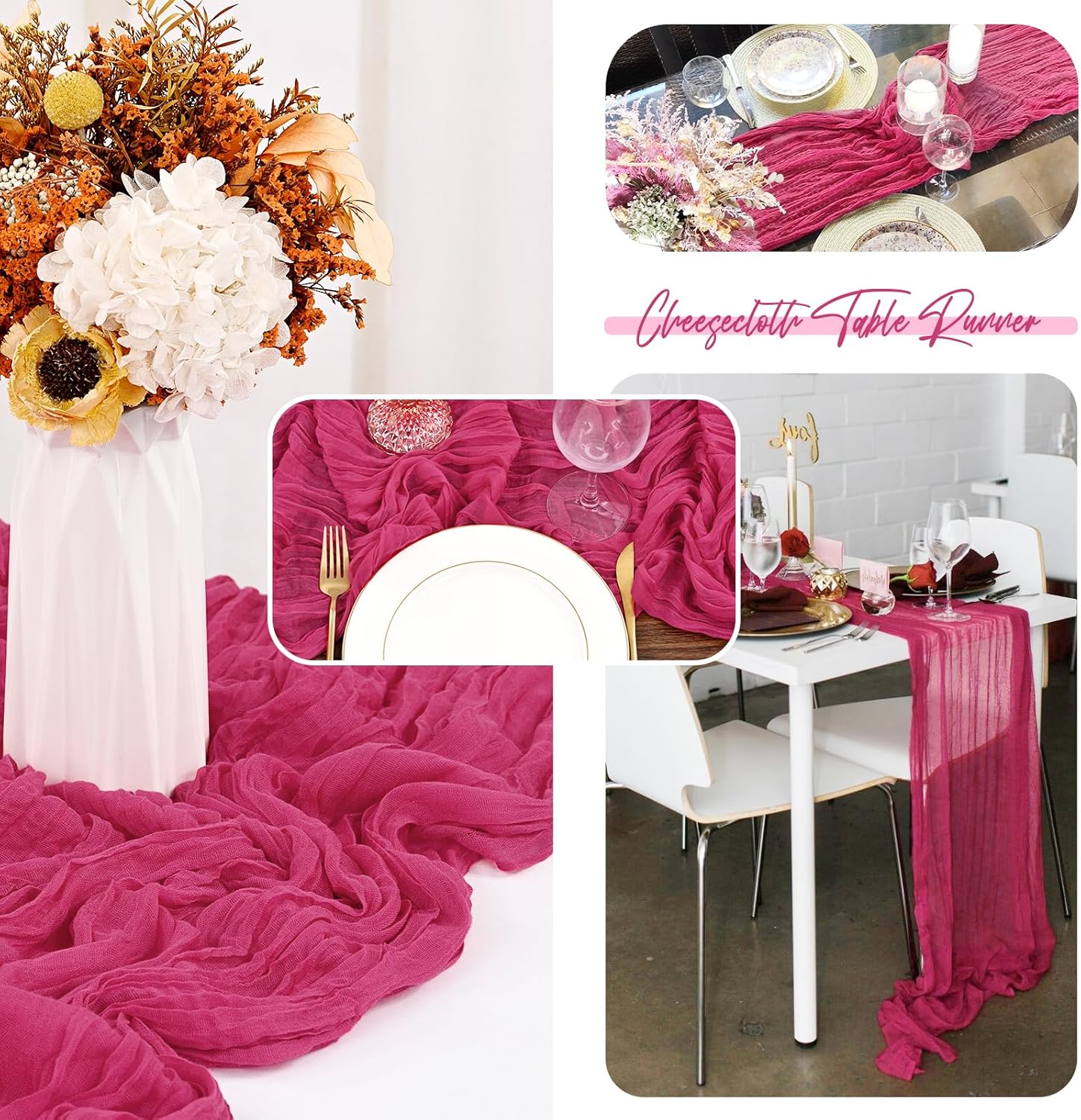 12 Pack Hot Pink Cheesecloth Table Runner 35x120 Inch 10Ft Gauze Cheese Cloth Table Runner, Boho Rustic Wedding Table Runner for Wedding Bridal Shower Graduation Banquet Table Decorations