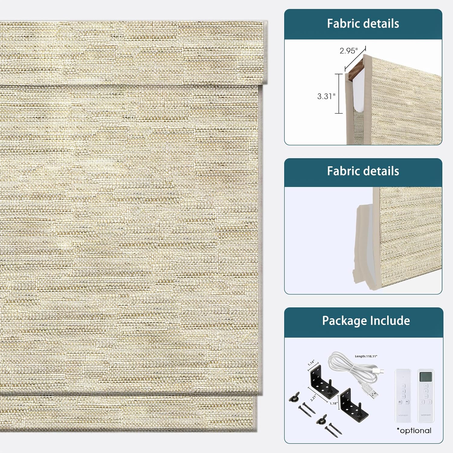 Motorized Roman Shades, Woven Woods Shades, Work with HomeKit/Alexa/Google Home, Cordless, Custom Size, Crocheting Kenaf