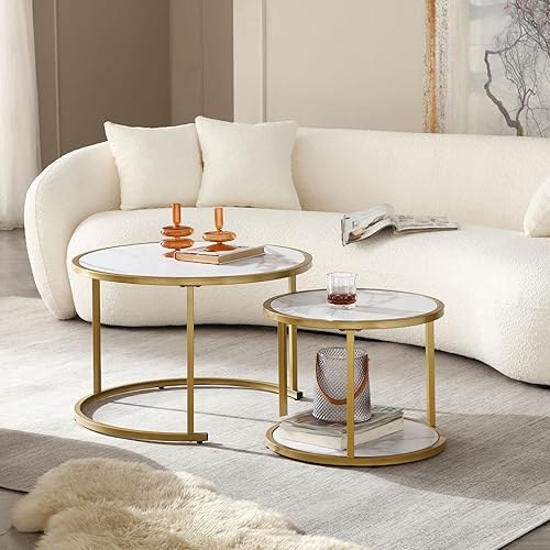 Miniatura 33 de Juego de 2 mesas auxiliares apilables rústicas, modernas mesas auxiliares redondas de madera con patrón de mármol para sala de estar, dormitorio,