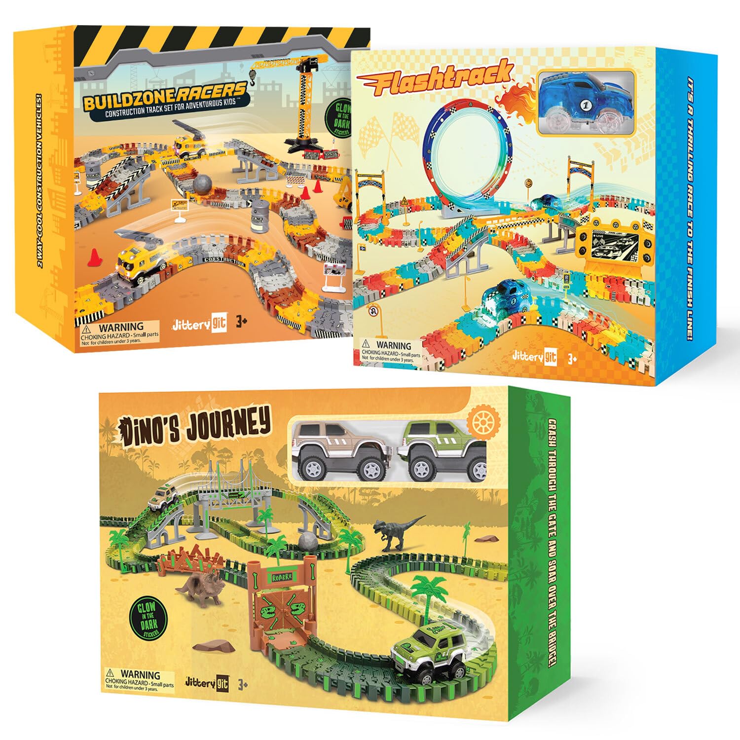 JitteryGit Race Track Glow in The Dark Toys Gifts Set for Toddlers, Kids, Children, Boys & Girls Age 3 4 5 6 7 8 9 - Dinosaur Jurassic Birthday Gift, Construction Trucks, Excavator & Loader Activity