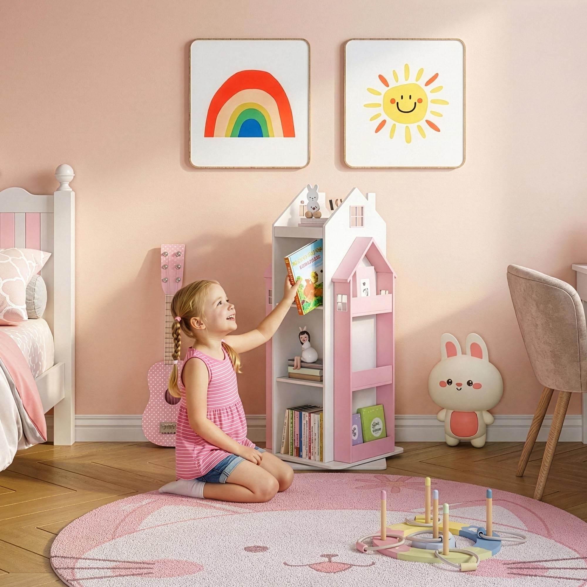 [en.casa] Scaffale Girevole per Cameretta a Forma di Casetta Libreria Rotante per Bambini con Ripiani e Porta Libri Laterali 108x40x40 cm Rosa/Bianco