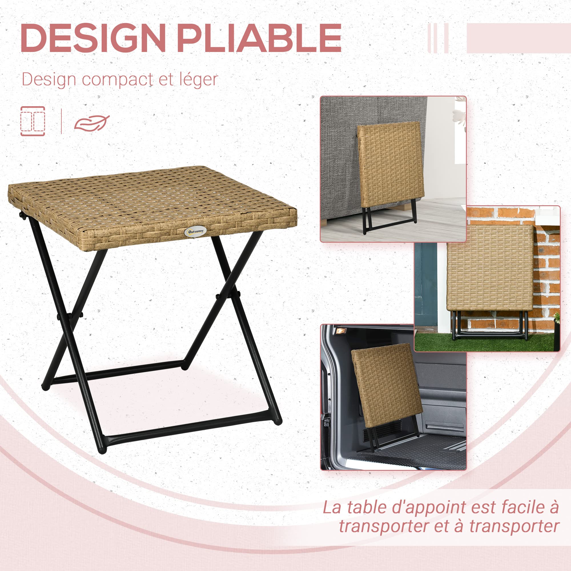Outsunny Table Basse Pliable de Jardin Acier Résine Tressée Imitation Rotin 40x40x40 cm