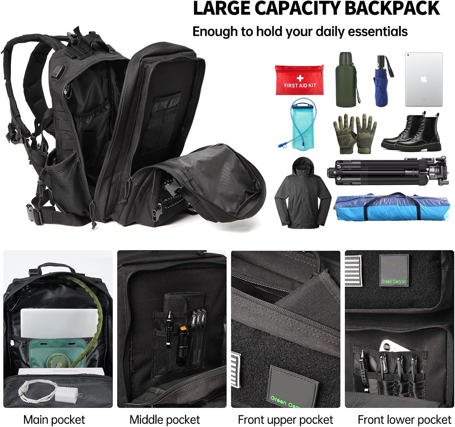 Green Canyon 45L Tactical Assault Backpack with Molle and Charging Port, Water Resistant Military Backpack for Men Women Hiking Rucksack 3 Day Bug Out Bag, Black
