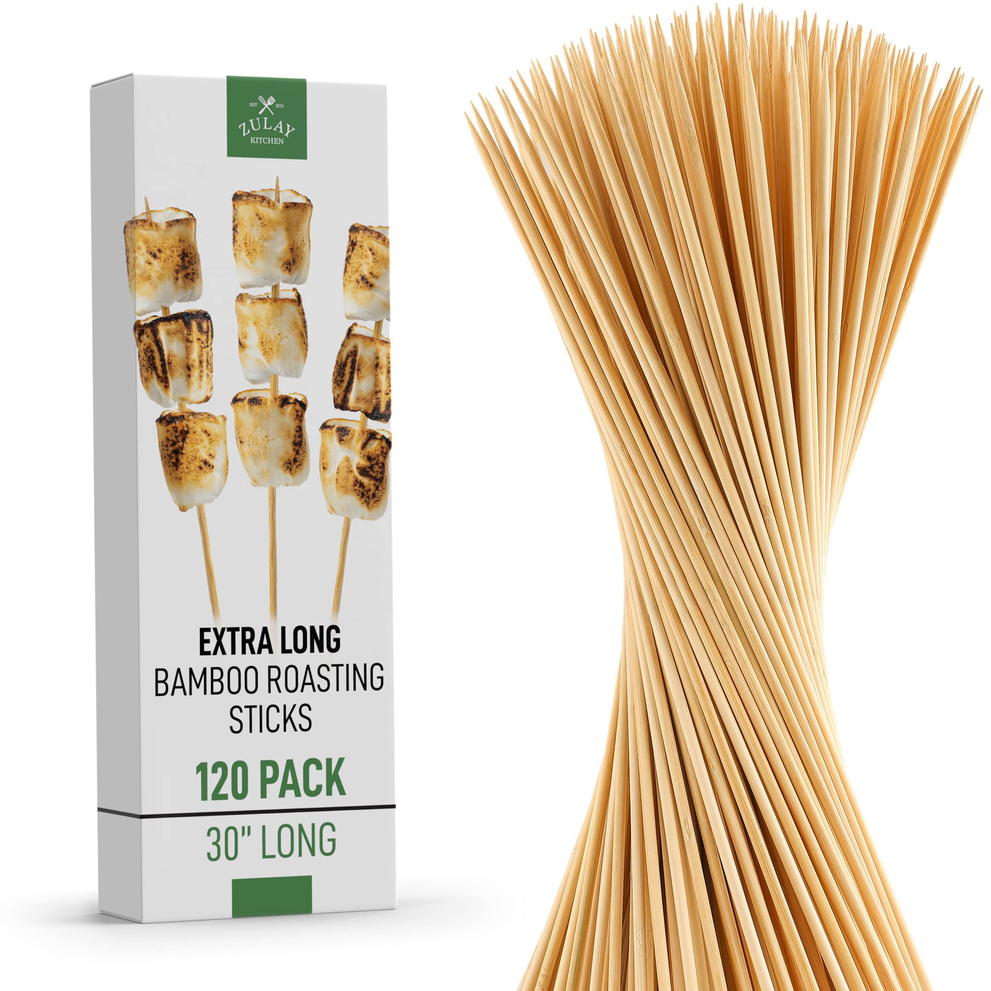 Zulay Kitchen Authentic Bamboo Marshmallow Smores Sticks - 30" Extra Long 5mm Heavy-Duty Bamboo Skewers - Ideal for Grilling & Camping