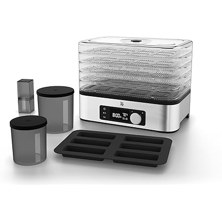 WMF Küchenminis Dörrautomat Edelstahl, Dörrgerät mit 5 Einlegefächer, 30-70°C, 24h-Timer, Obsttrockner, Dehydrator, 2 Boxen, Müsliriegelform, bpa-frei