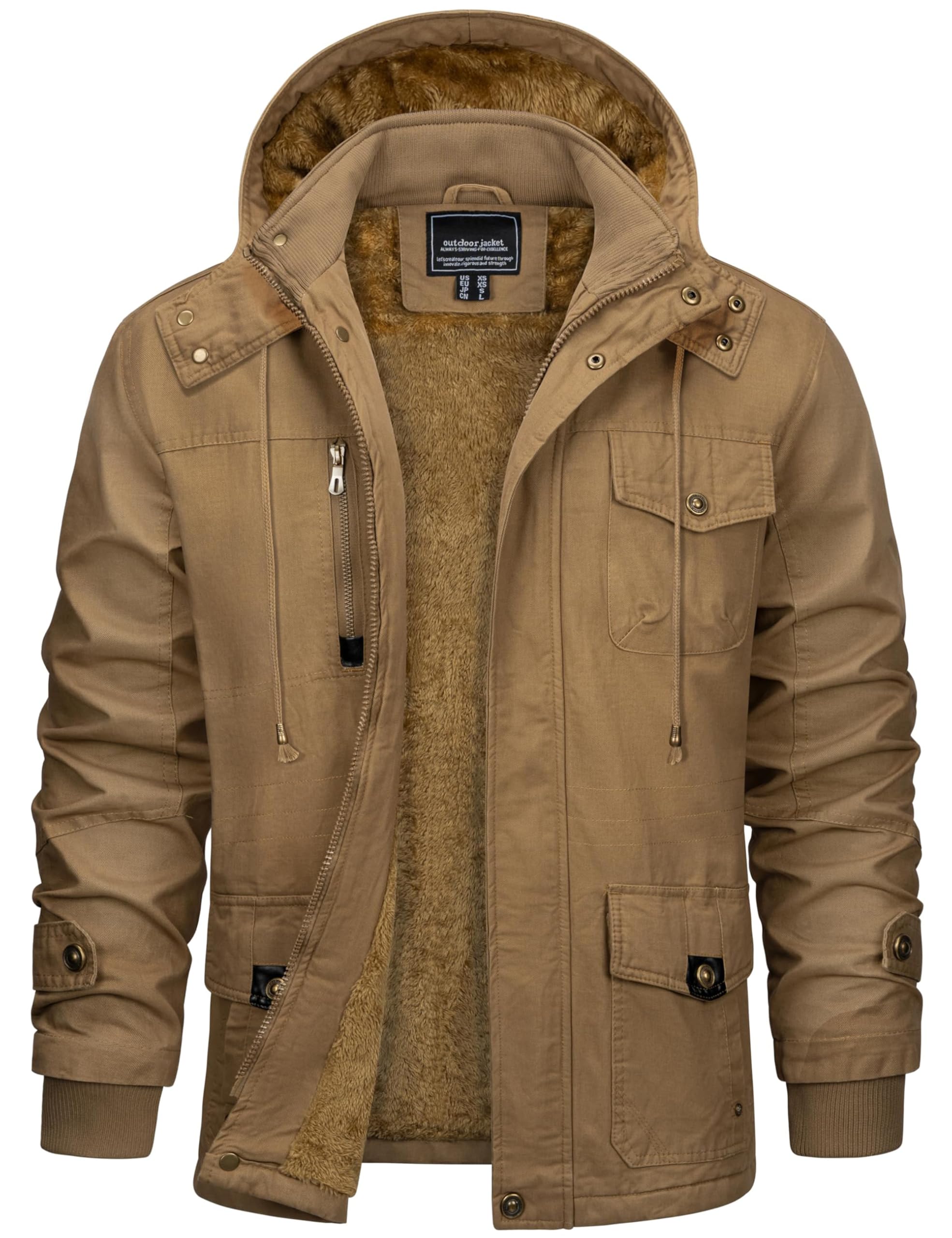 CRYSULLY Men's Fall Fashion Long Sleeve Lightweight Cargo Jacket Military Front Zip Coat Jacket Khaki/US L/tag4XL