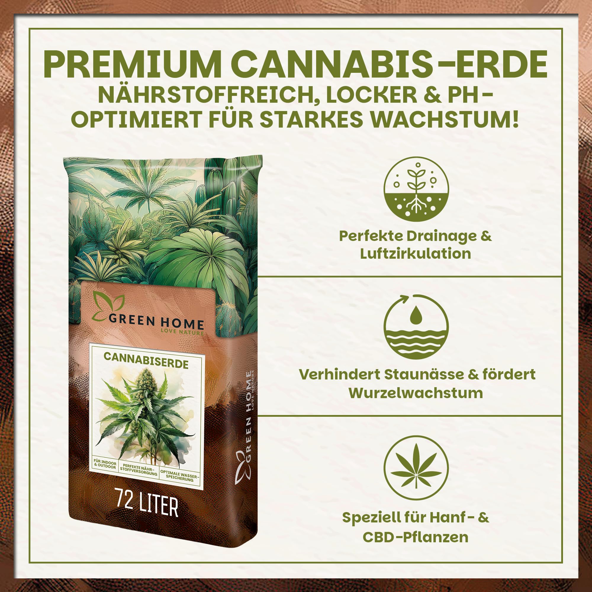 Green Home Cannabis & Hanferde 72 Liter | All Mix Erde für Wachstum & Blüte | Perfekt für Autoflower | Mit Perlite, Weißtorf & Kokosfaser | Langzeitnährstoffe | Optimaler pH-Wert: 5,8