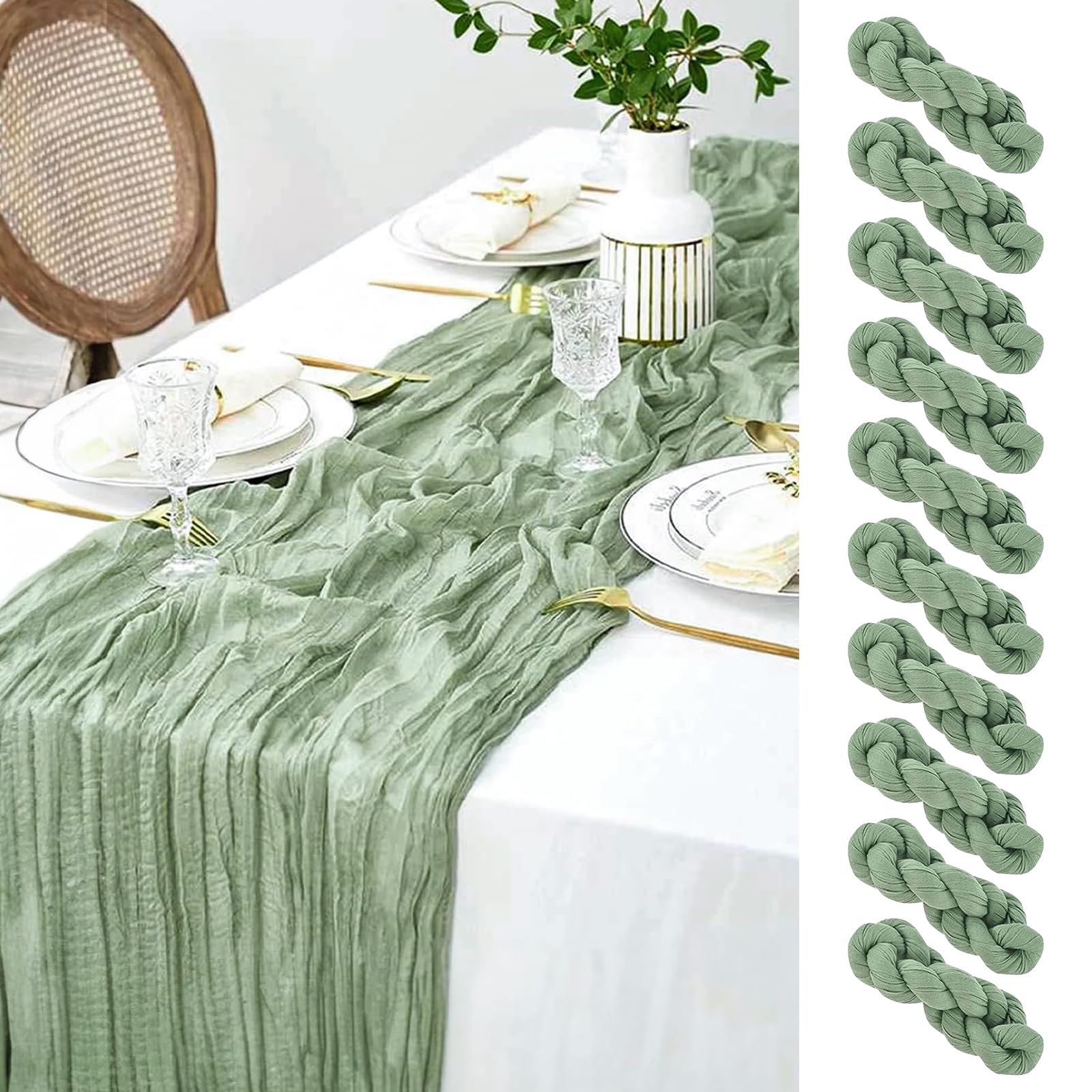 Tischläufer Grün, 10 Stück Salbeigrün Käsetuch, Seihtuch Tischdeko Geburtstag für Boho, Hochzeit, Party Geburtstag Dekoration 90 x 300 cm