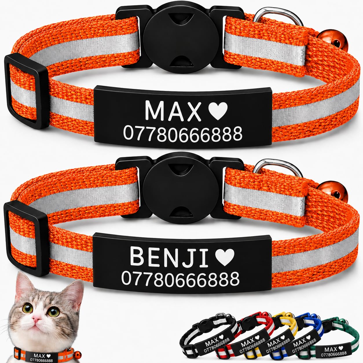 2 Pack Personalised Cat Collars with Engraved ID Plate, Name & Phone Number, Reflective Breakaway Safety Buckle, Adjustable Cat & Kitten Collar Set (Orange, Black Name Plate)