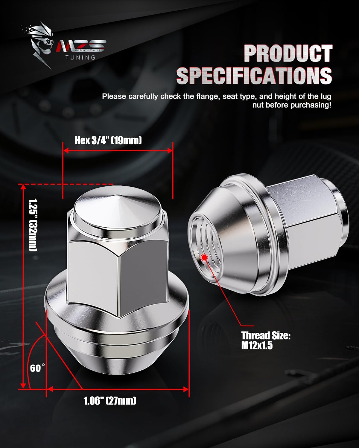 MZS M12x1.5 Lug Nuts, 19mm Hex Closed End Wheel Nut for Bronco Escape Focus Ranger Fusion Fiesta EcoSport Corsair MKC MKZ Factory Wheels, Replace OEM ACPZ-1012-H CV6Z-1012-C 611-303, Chrome, 20Pcs