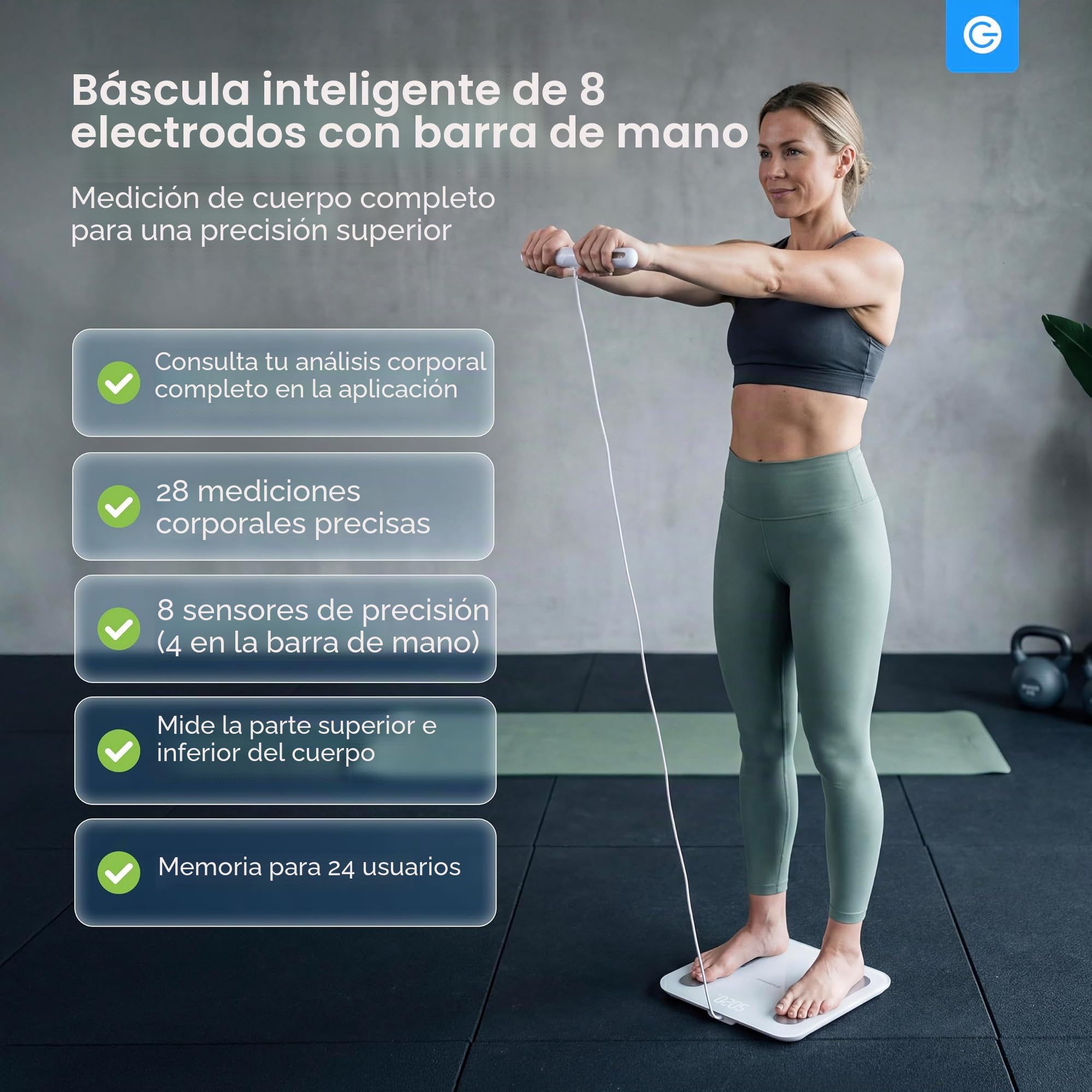Silvergear® Báscula de Baño Intelligente con Mango | Bascula Grasa Corporal y Muscular | 8 Sensores | Masa Muscular, IMC, Peso Óseo, BMR, Frecuencia Cardíaca | con App | Blanco