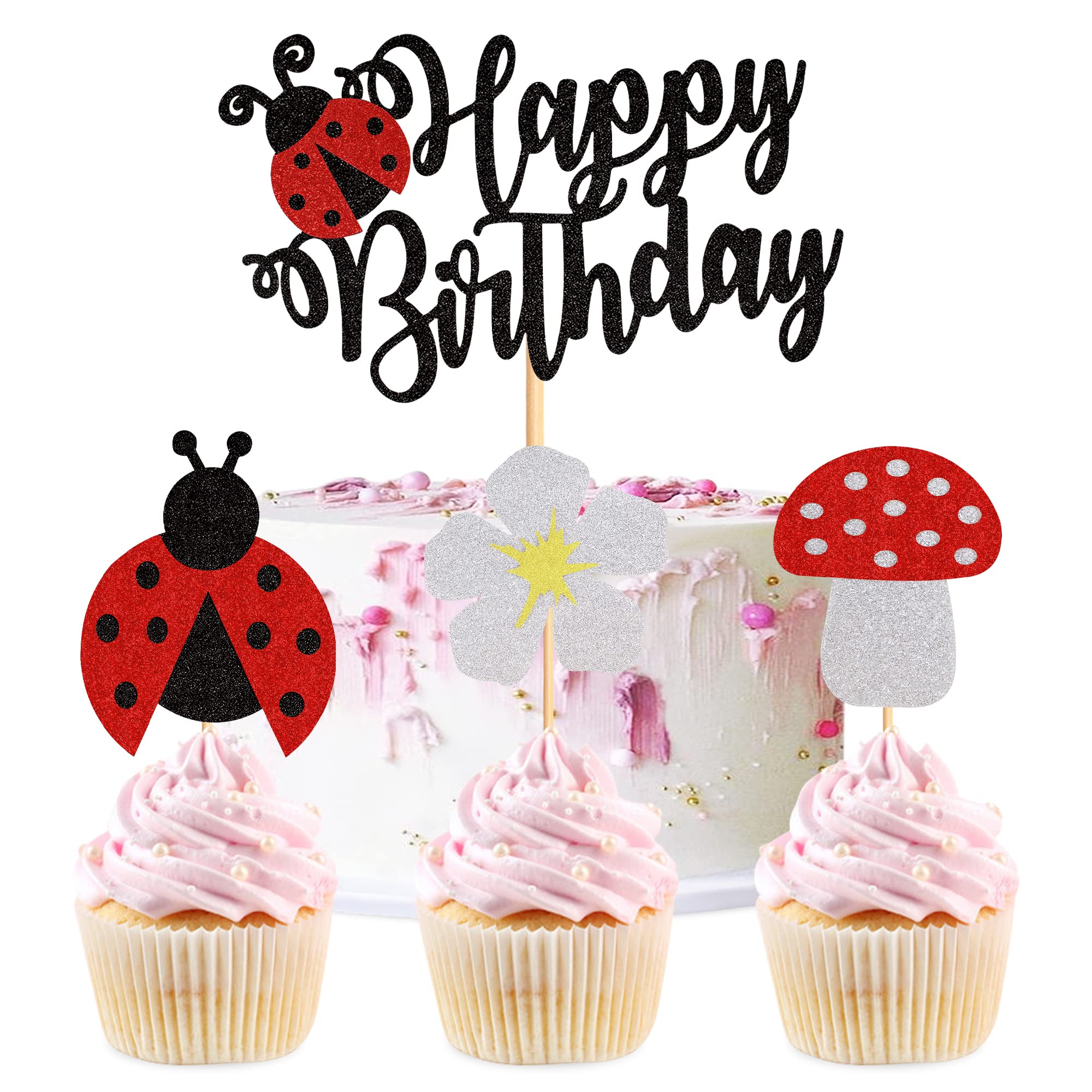 Buy Blumomon 1Pcs Ladybug Birthday Cake Topper 24Pcs Ladybug Cupcake Toppers Little Ladybug