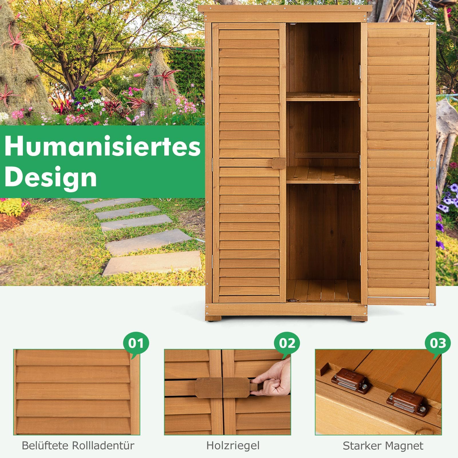 RELAX4LIFE Gartenhaus, Geräteschuppen Holz, Gerätehaus Wetterfest, Gartenschrank mit 3 Ausnehmbaren Regalen & Holzriegel, Holzschuppen mit Asphalt Satteldach, 87 x 47 x 160 cm