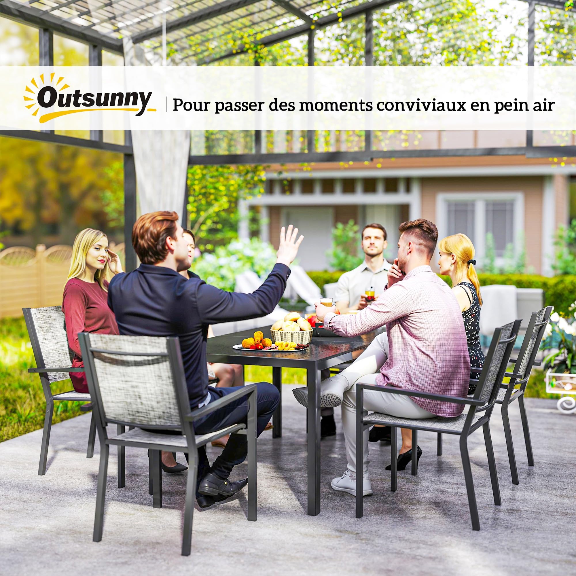 Outsunny Salon de Jardin extérieur 7 pièces, Table de Jardin extérieure avec 6 chaises empilables, Plateau à Lattes 150 cm, Structure en Acier Anti-Rouille, mobilier de Jardin, terrasse, Patio, Noir
