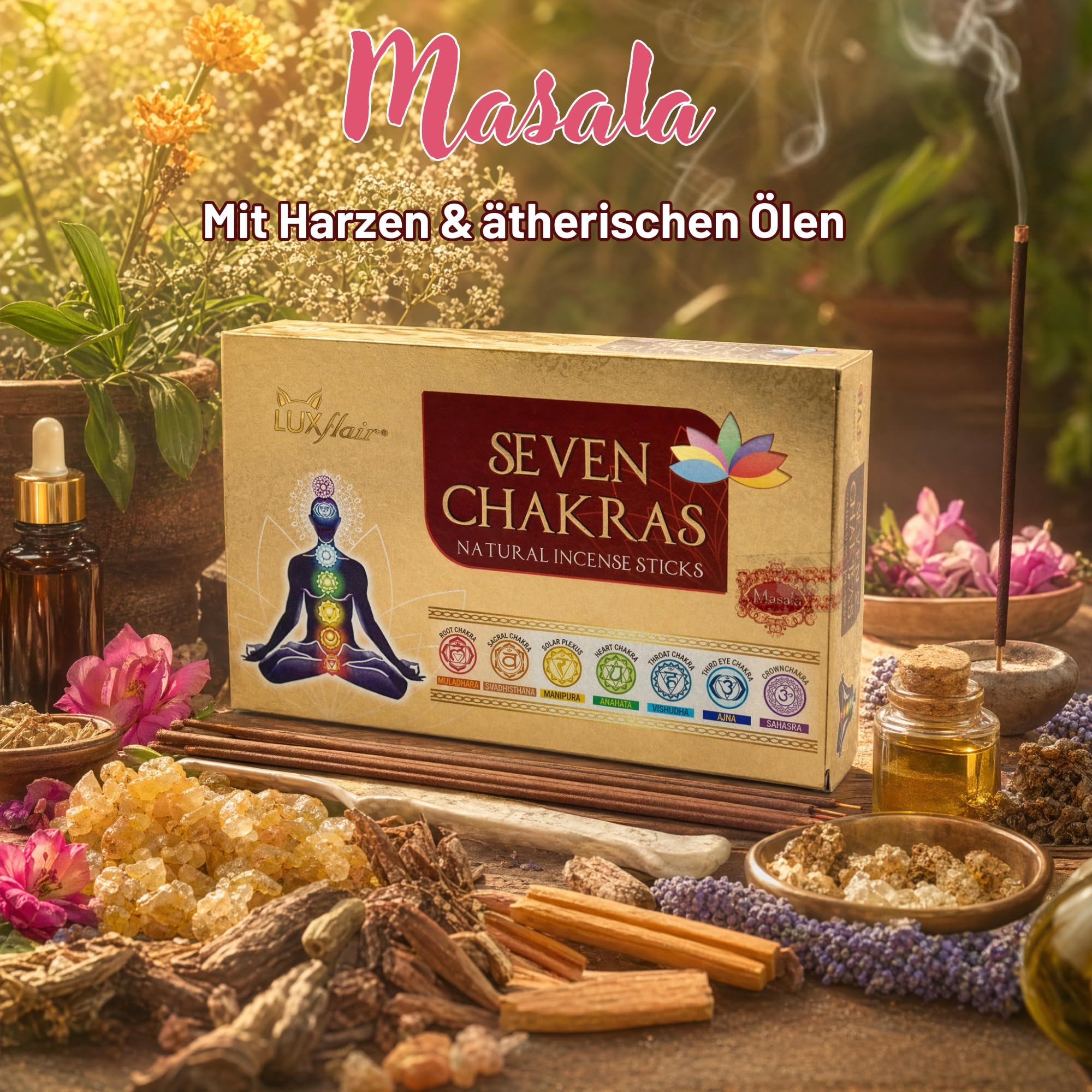 Kadzidełka zestaw 7 czakr, indyjskie pałeczki masala premium, 7 odmian Muladhara, Swadhisthana, Manipura, Anahata, Vishudha, Ajna i Sahasra, do medytacji/jogi, szlachetny zestaw upominkowy