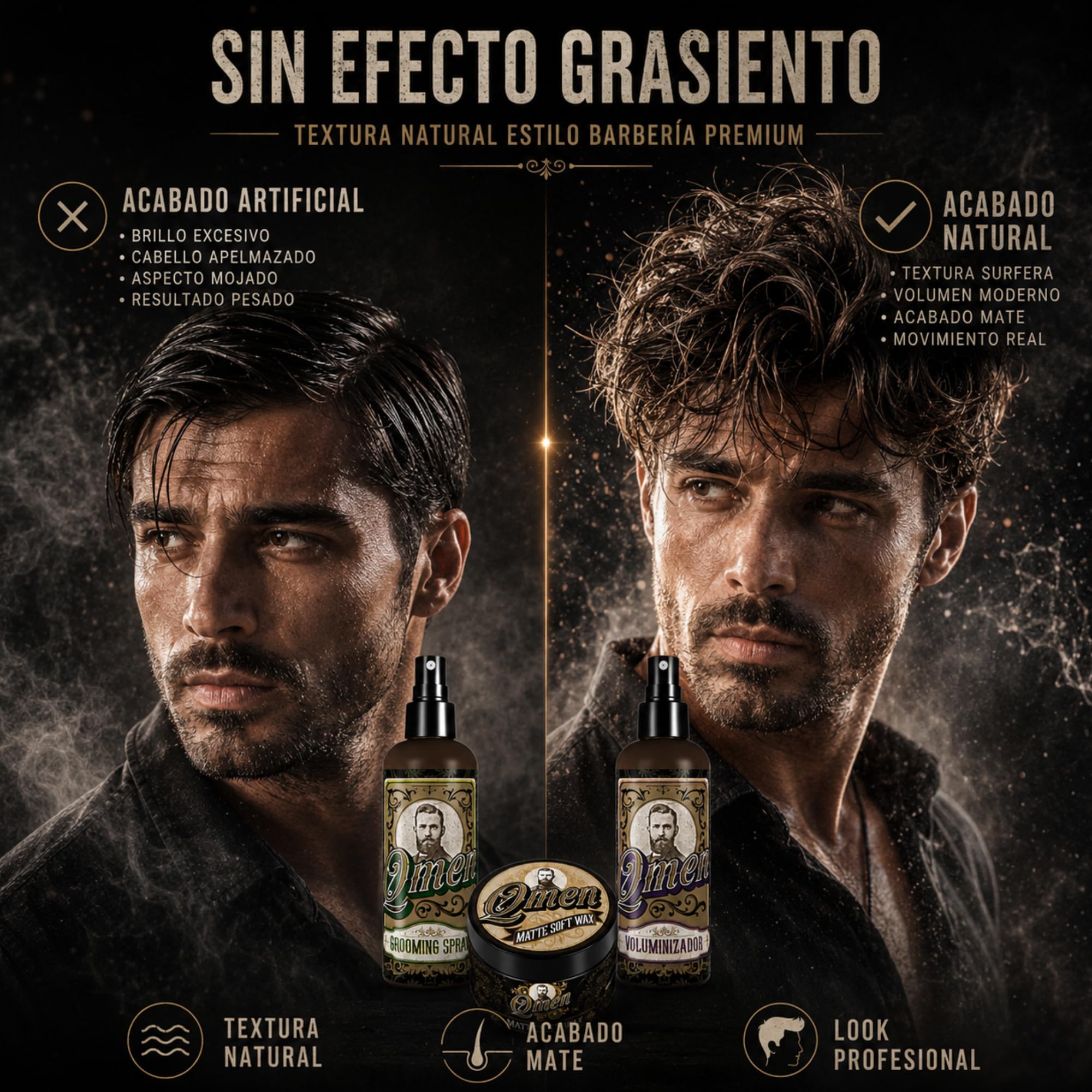 QMEN Kit Surf Texture Hombre – Sea Salt Spray 250ml + Spray Voluminizador 250ml + Cera Mate Flexible 100ml | Volumen Natural, Ondas Surferas y Acabado Mate Profesional | Styling Barbería Premium