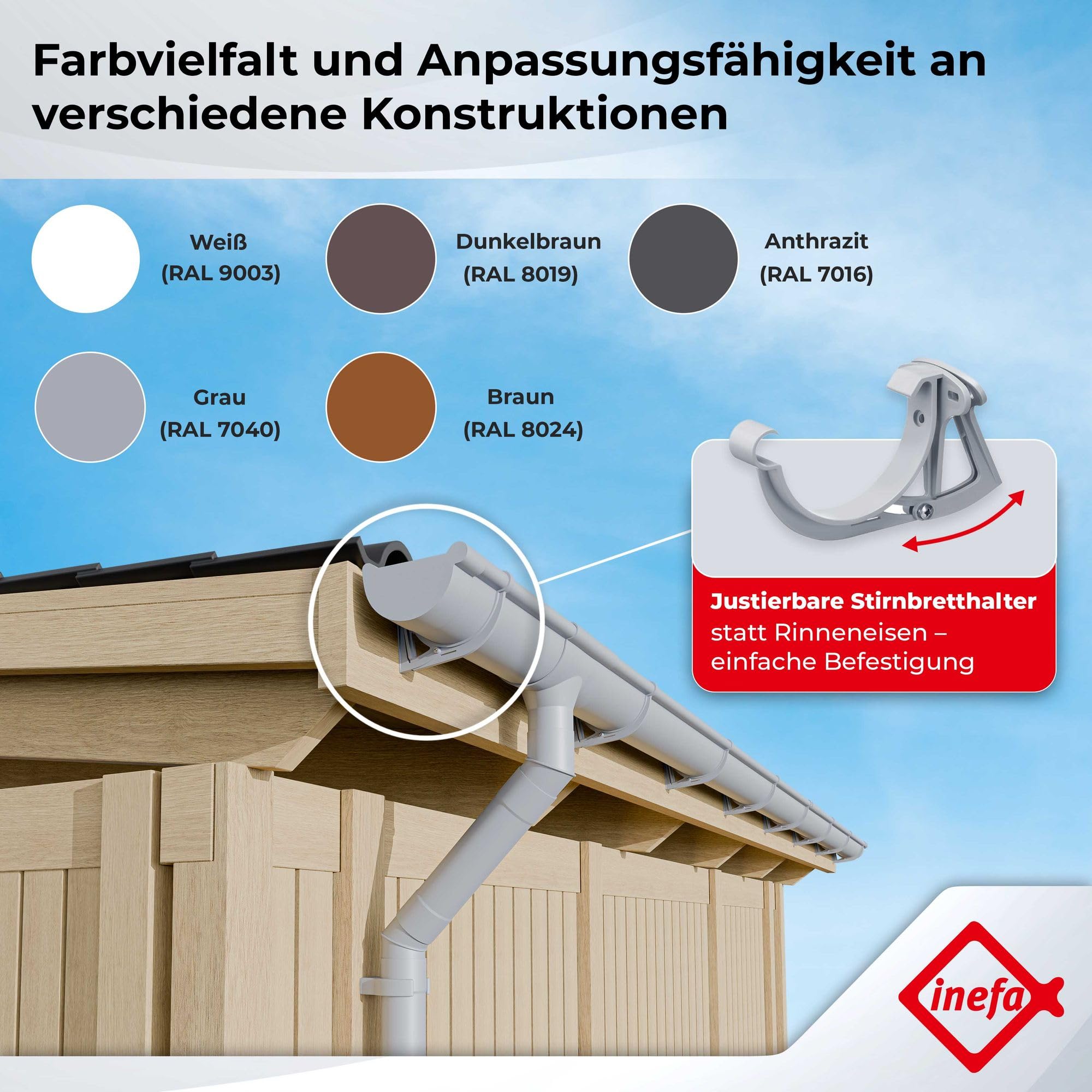 INEFA Dachrinnen Set NW100 / 100mm Kunststoff halbrund – Dachrinne 3m Länge Dunkelbraun 1 Dachseite – Regenrinne PVC für Gartenhaus Carport
