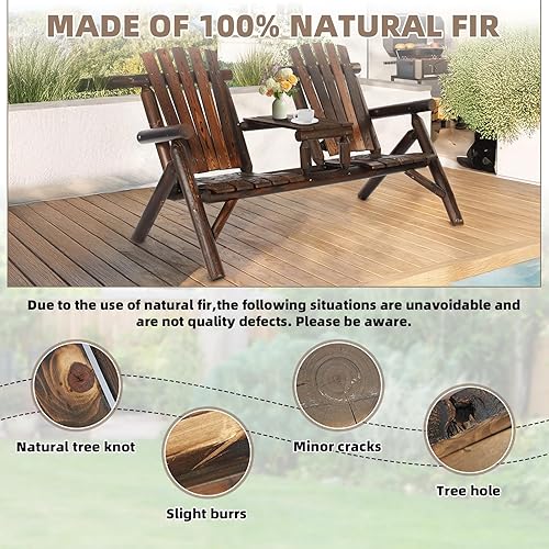 Miniatura 7 de Banco Adirondack de madera para 2 personas para exteriores, juego de muebles de conversación con sofá biplaza rústico y mesa integrada, banco de