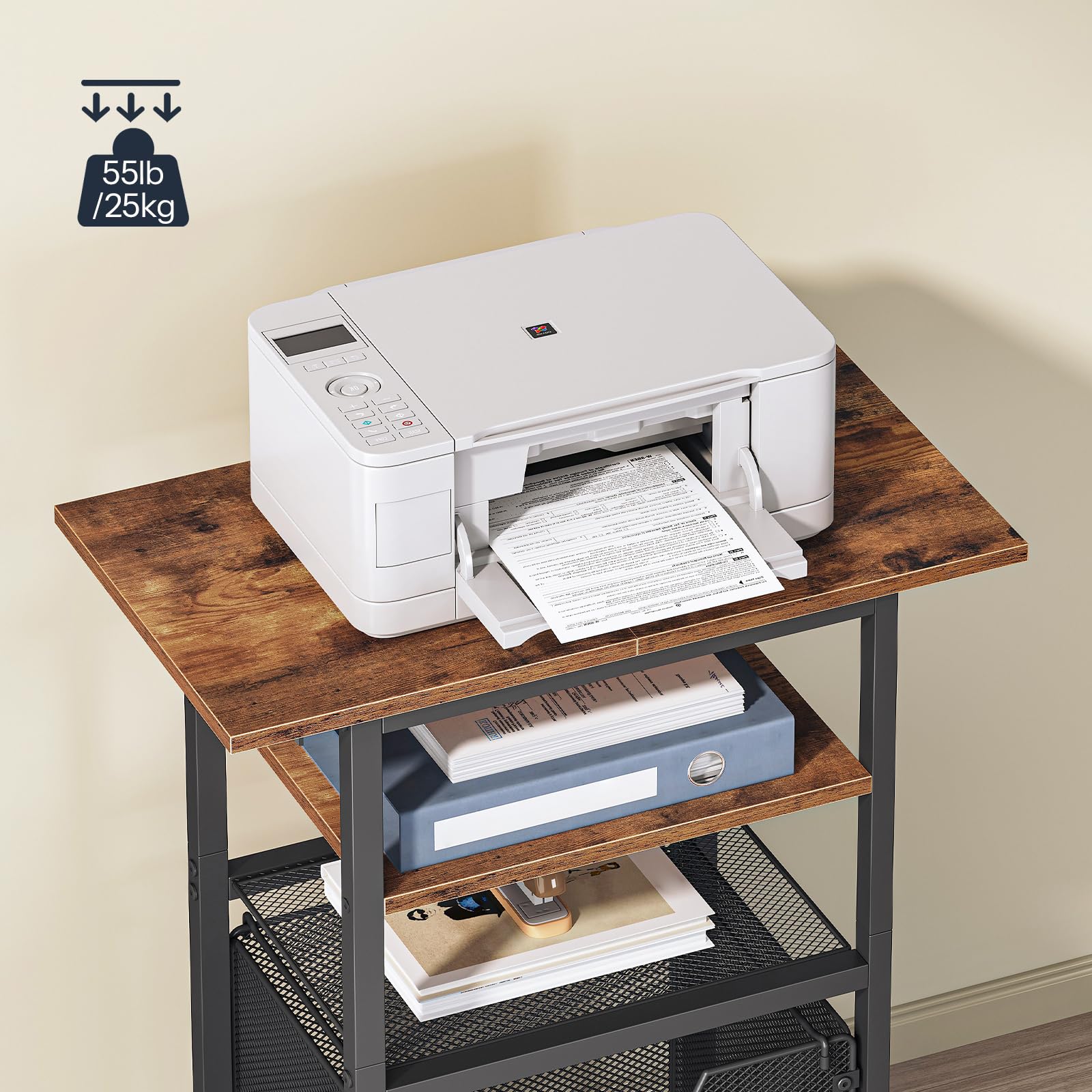 HOOBRO Soporte de Impresora con Estación de Carga, Mesa Rodante con Cajón para Documentos, Carrito Móvil de 4 Niveles con Toma CA, para Oficina, Marrón Rústico y Negro EBF17CPS01