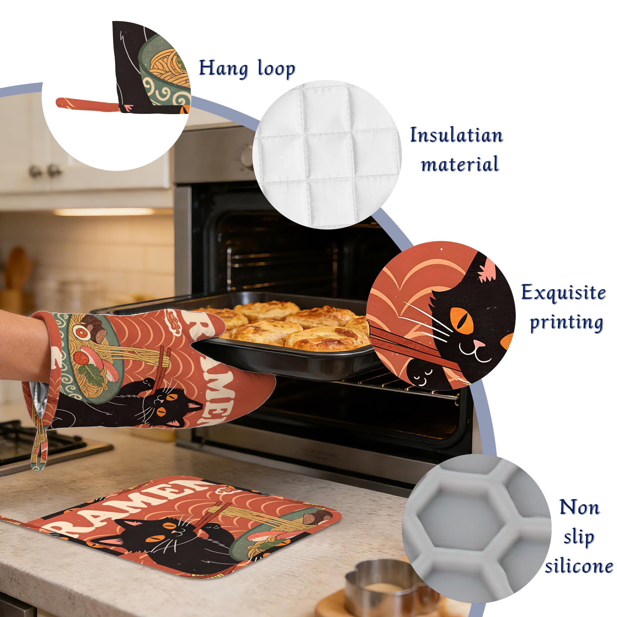 Juego de 4 manoplas de horno y soportes para ollas, diseño de gato negro, juego de 4 guantes largos antideslizantes resistentes al calor, para cocinar, hornear, regalos para mujeres y hombres