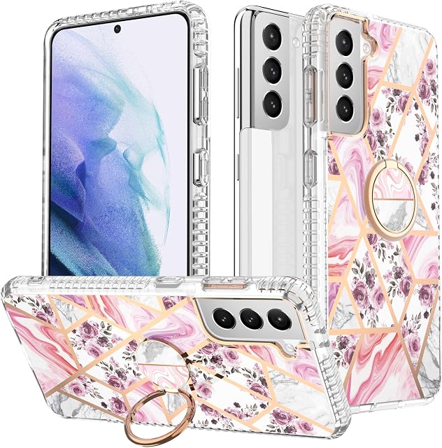 Laurraine Case Compatible with Samsung S22 5G, Luxury Shiny Marble IMD Slim Case, Gold Glitter Marble Design with 360 Degree Swivel Ring Stand for Galaxy S22 5G (Rose)