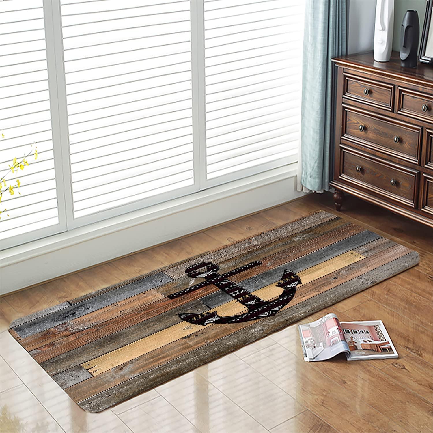 Bath Rugs Sponge Foam Absorbent Soft for Bathroom and Kitchen (71 x 24 inches),Flannel Mat Non Slip Bright 3D Print for Bedside and Living Room(Old Wooden Plank Anchor)