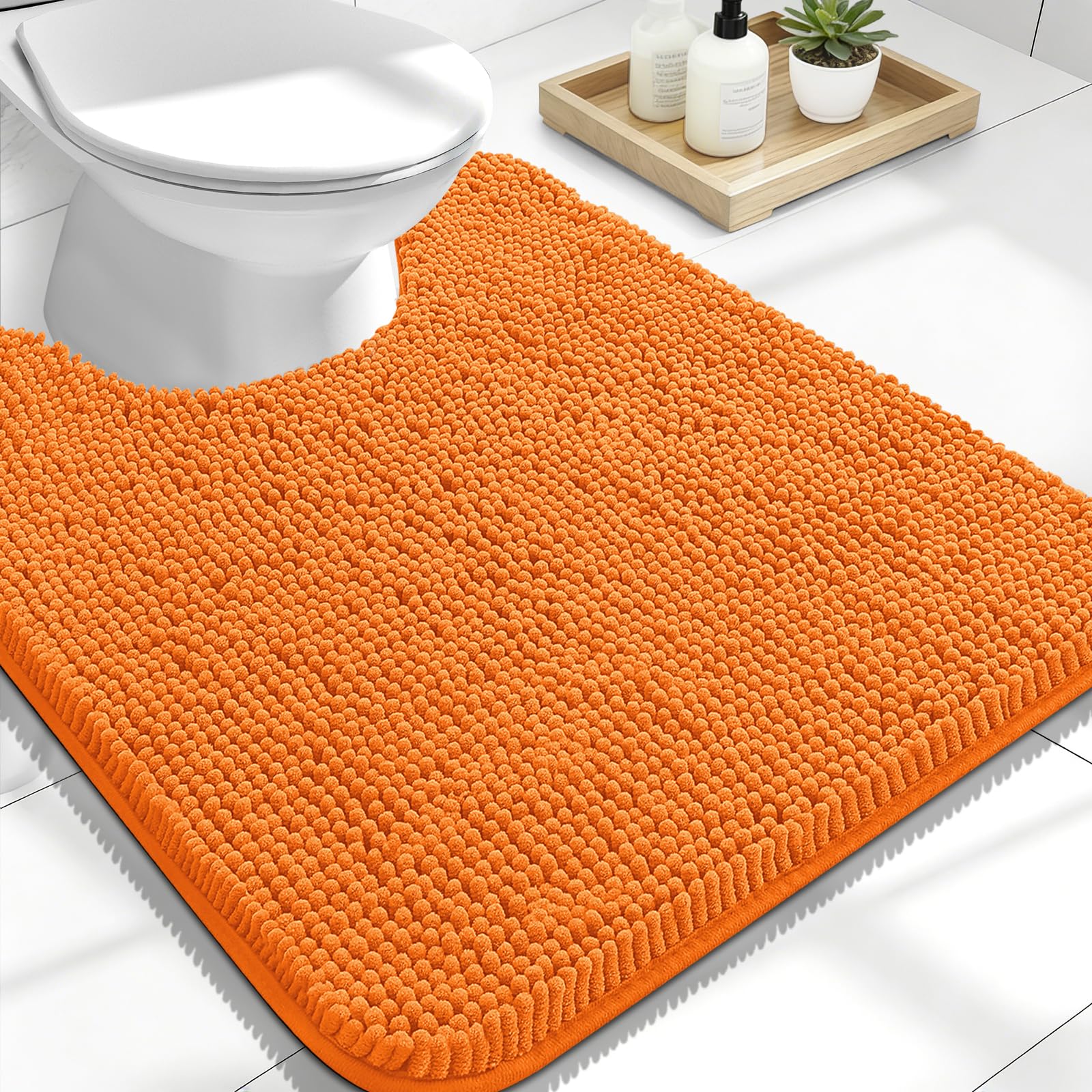 OLANLY Toilet Rugs U-Shaped 24x20, Soft Absorbent Chenille Contour Rugs | Orange, Quick-Drying Rubber Backing, Machine Washable Non-Slip Shaggy Bathroom Mat for Toilet, Home Decor Accessories