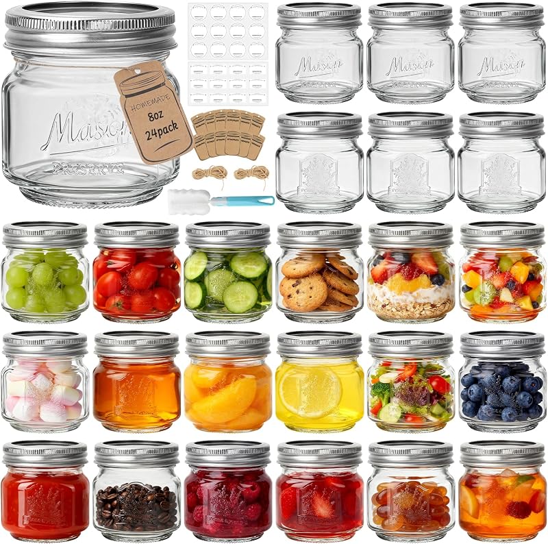 CycleMore Mason Jars 8 oz, paquete de 24 tarros de vidrio para conservas con tapas divididas | Herméticos, sin BPA, diseño en relieve, tarros de vidrio para almacenamiento de regalos, mermelada, miel, obsequios de boda, obsequios de ducha