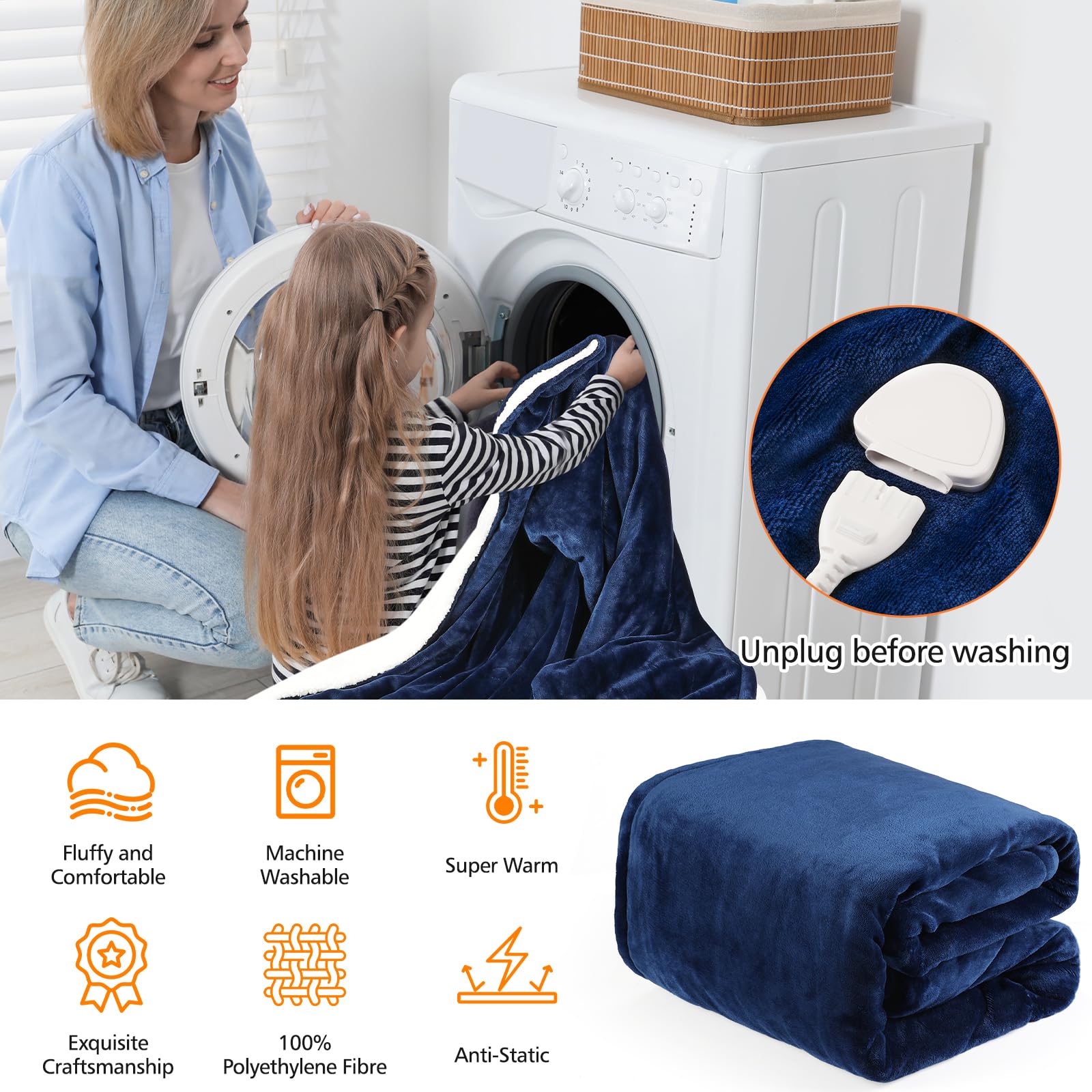 OneAmg Coperta Termica Elettrica,155x180cm con Tasca 6 Livelli di Riscaldamento,Timer 10H,Spegnimento Automatico Della Coperta Elettrica Telecomando Digitale,Lavabile in Lavatrice Blau