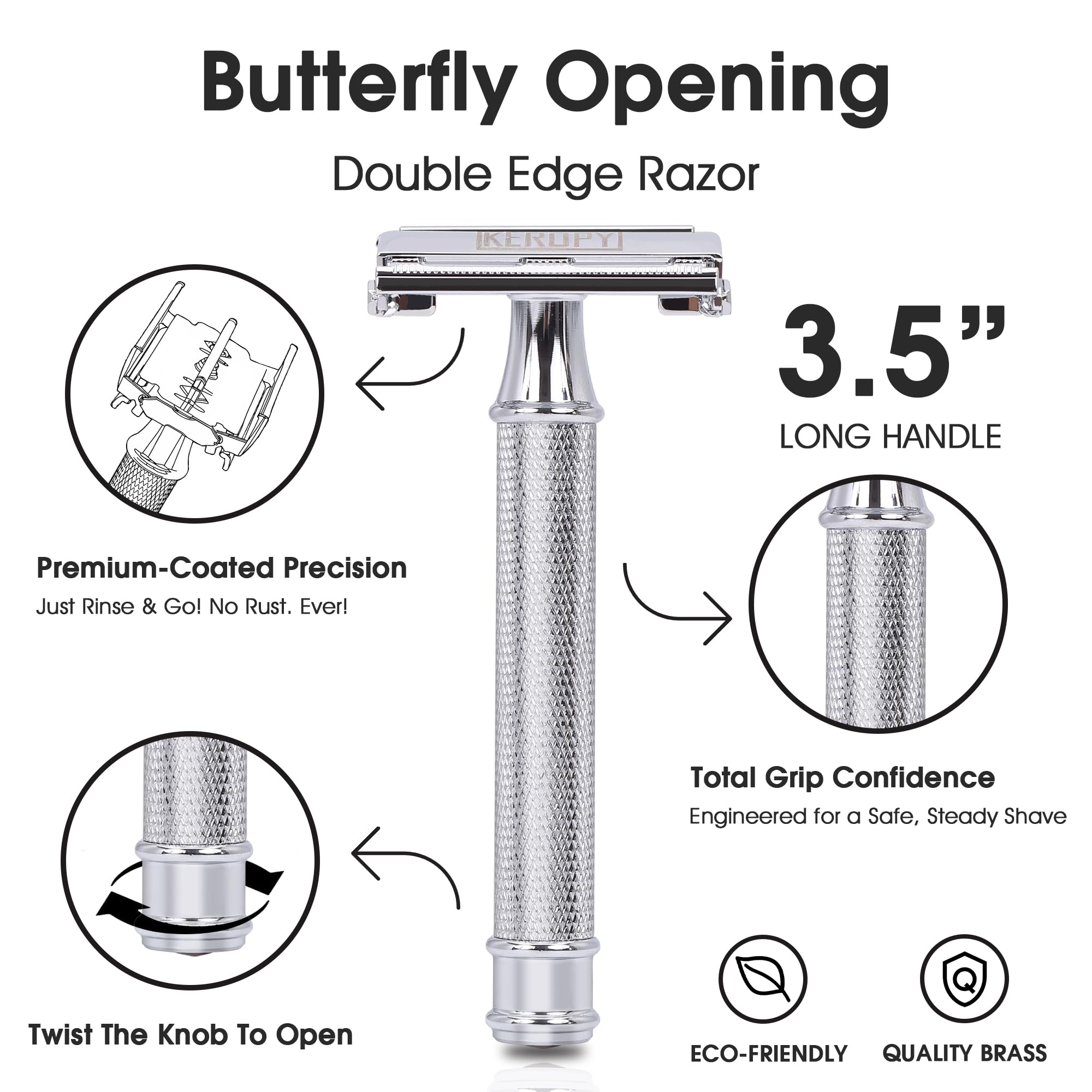 Keropy Maquinilla de afeitar de seguridad pesada con mango corto | Butterfly Open, 10 cuchillas de acero inoxidable, calidad clásica de metal