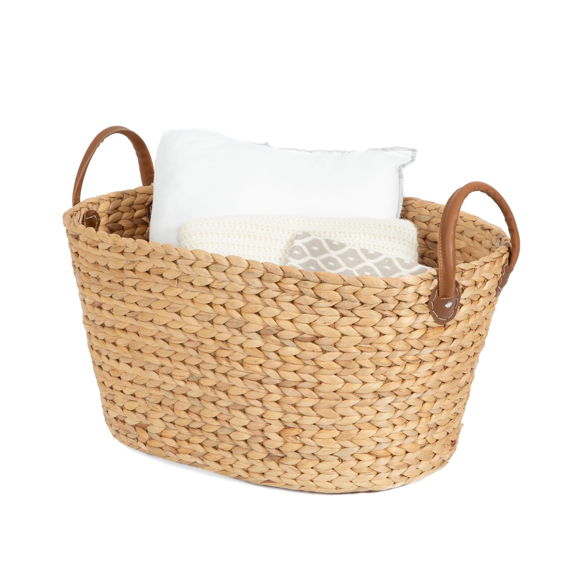 Cesta de almacenaje de Jacinto de agua trenzado a mano, Forma oval, Color: Madera clara, Dim. 60 x 45 x Al. 37 cm, RAN6826