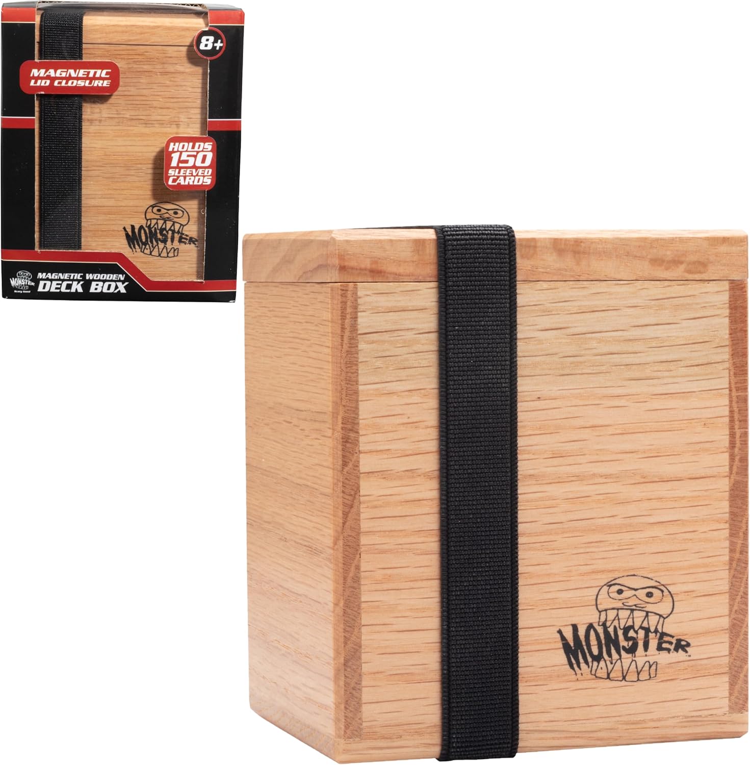 Monster Wooden Double Deck Box w Magnetic Lid & Security Band - Premium Holds 150 Sleeved Cards - Compatible with Yugioh, Commander Magic the Gathering MTG, Sports & Trading Card TCG Games, Gift