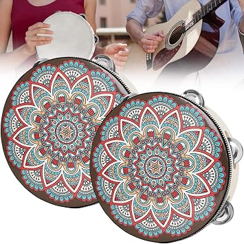 8 Inch Wooden Tambourine with Jingles Handheld Percussion Instrument | Single Row Stainless Steel Bells. Church Party & Performance Use. Ages 14+, Musical Instrument
