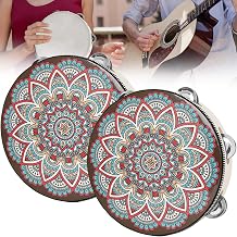 Wooden Tambourine for Adults, Hand Held Drum Bells 2Pcs, 8 inch National Style Pattern Handbell Tambourine Drums for Church Party, Single Row Jingles Percussion Musical Educational Drum Instrument