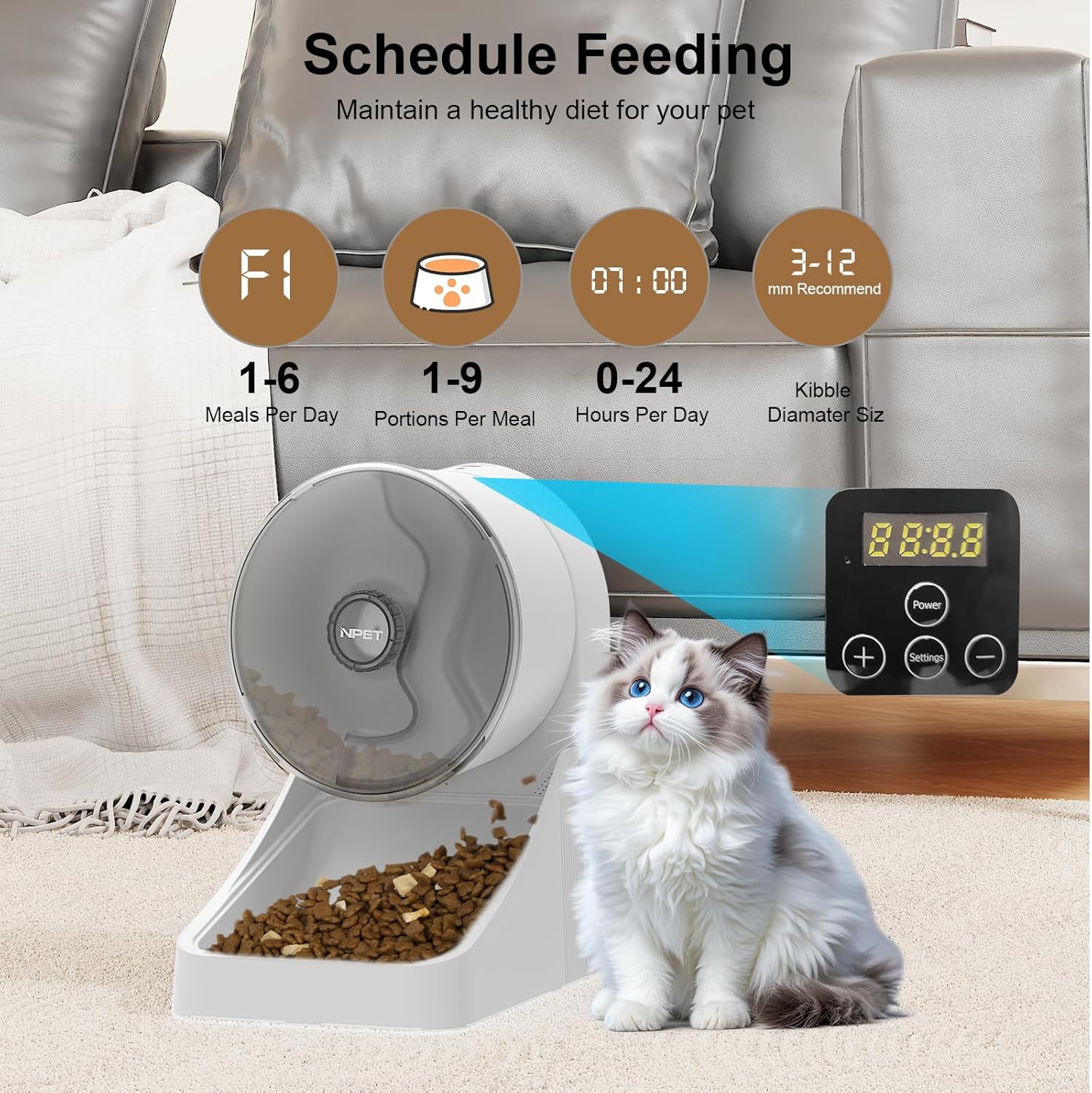 NPET 3L Automatic Cat Feeder, Dry Food Dispenser Timed Pet Feeder for Cats and Small Dogs, 3-4 Meals Per Day - Programmable Portion Control (White, Basic Version)