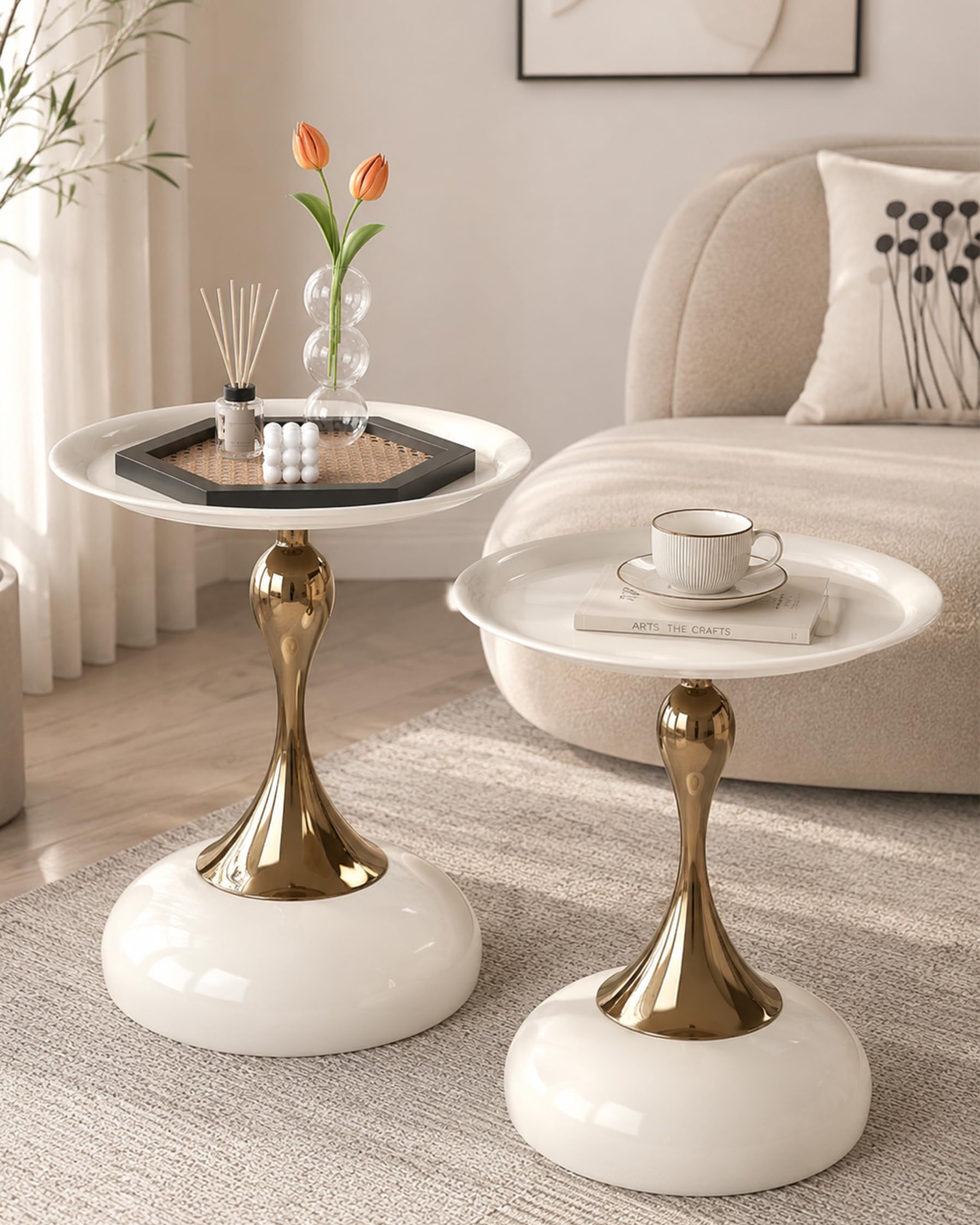 Set di 2 Tavolino da Caffè Rotondo, Piccoli Tavolini Salotto, Tavolino Soggiorno Moderno in Metallo, Oro e Bianco, 2 Pezzi