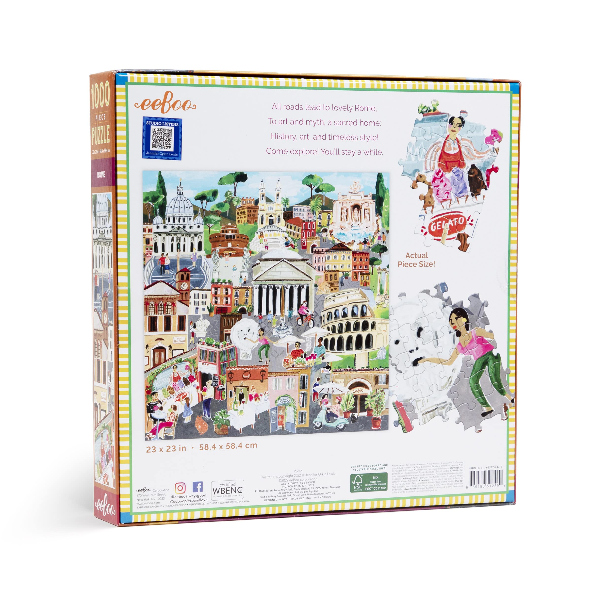 eeBoo Cartone riciclato per adulti, puzzle 1000 pezzi sulla città di Roma in Italia, dimensioni: 58,4 x 58,4 cm, PZTROM, multicolore
