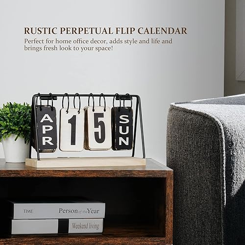 Miniatura 2 de Calendario de escritorio de madera, calendario perpetuo con pantalla grande, calendario diario de escritorio rústico, accesorios de escritorio para