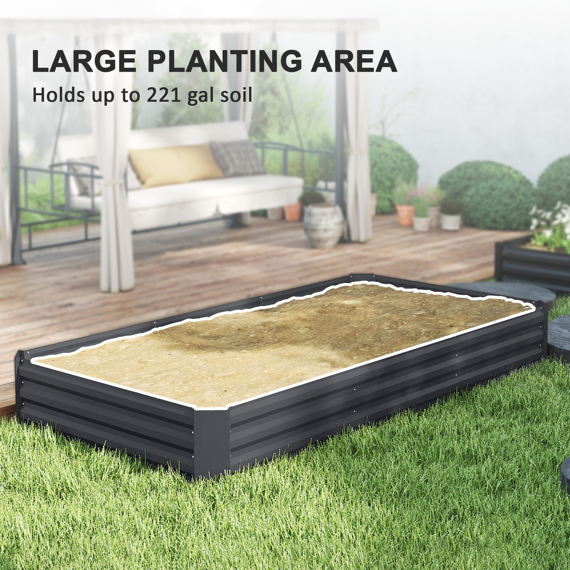 Outsunny Jardinera Rectangular de Exterior con Borde de Seguridad y Base Abierta para Flores y Hierbas, Acero Galvanizado, 240 x 120 x 30 cm, Gris Oscuro