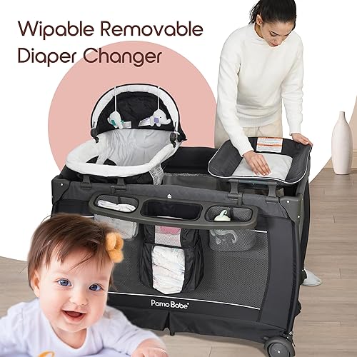 Miniatura 6 de Pamo Babe Centro de guardería de lujo corral plegable para bebés y niños pequeños moisés colchón cambiador para recién nacidos negro
