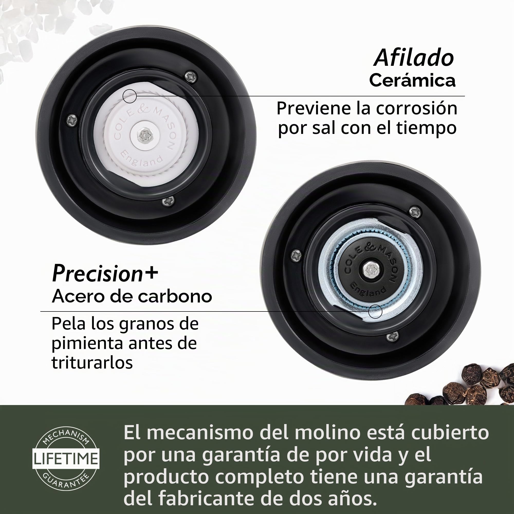 Cole & Mason Derwent Gunmetal Molinillos de Sal y Pimienta, Molinillo Especias, Juego de Molinillos con Grosor Ajustable, Acero Inoxidable/Acrílico, 190mm, H59428G