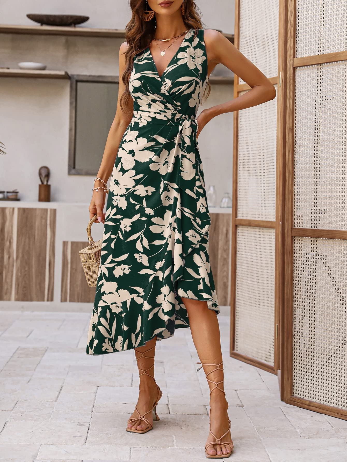 Amazon.co.jp: 女性のドレス 花柄プリント フリル裾 横結び