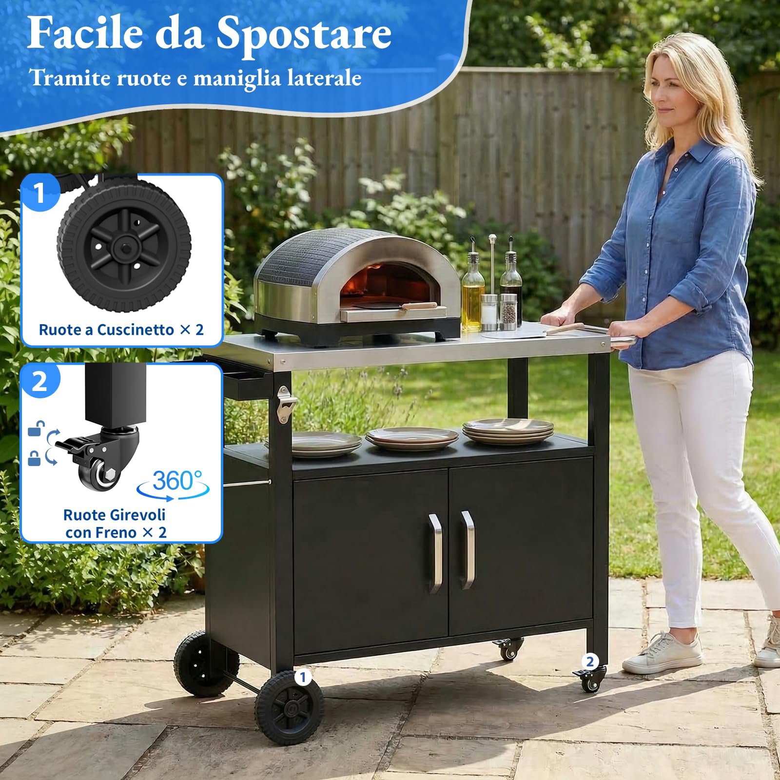 TLSUNNY Carrello per Barbecue con Piano in Acciaio Inox, Tavolo per Barbecue con Porta, 4 Ruote, Carrello da Cucina da Esterno, Carrello da Giardino per Terrazzo, Balcone, Picnic, 112 x 51 x 82.5 cm