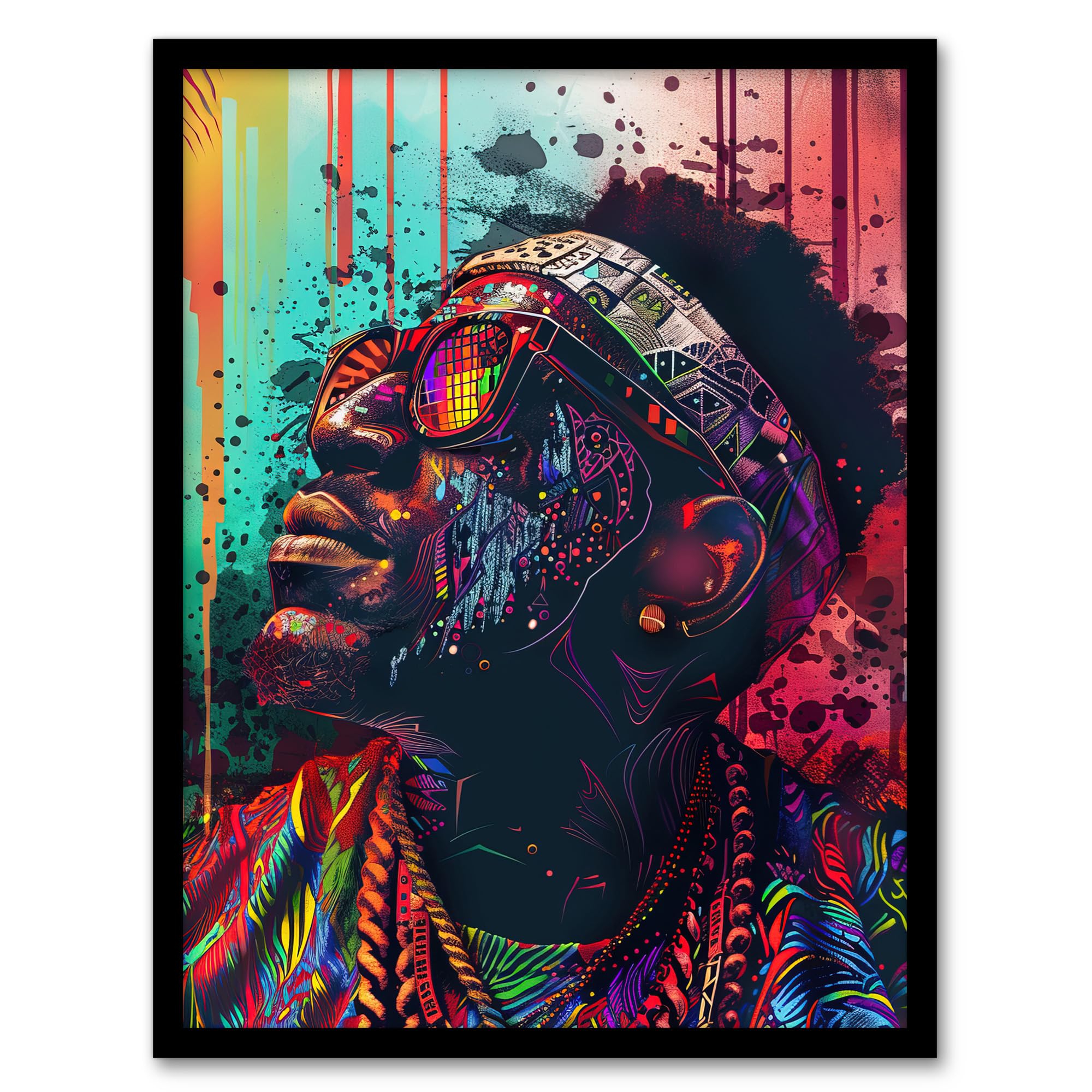 Artery8 Psychedelic Portrait African Man Dashiki Living Room Artwork Framed Wall Art Print 18X24 Inch