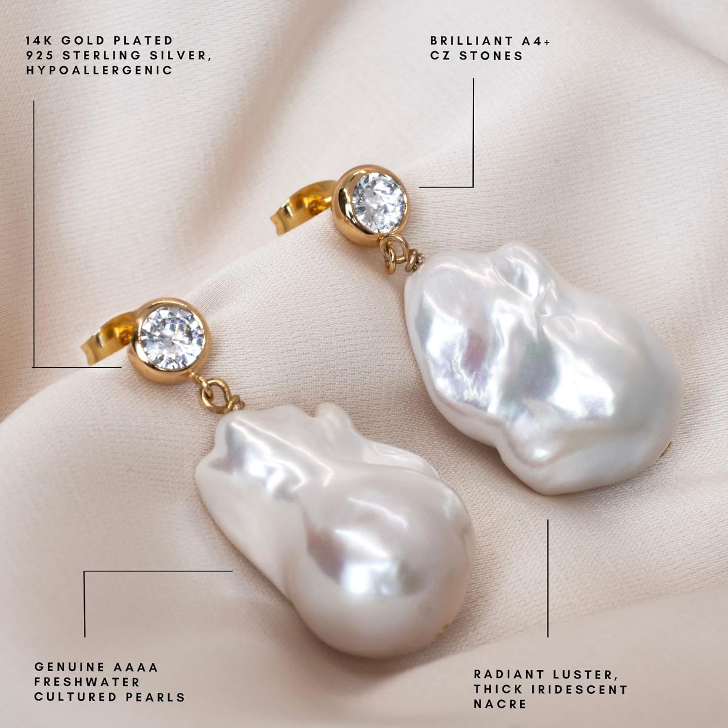 LILY LUSTRE Natural Baroque Pearl Earrings for Women - 14k Gold Plated 925 Sterling Silver Organic Irregular Fireball Large Freshwater Cultured Drop Pearls - Luxury Gift For Her