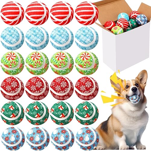 Sosation Paquete de 24 pelotas de tenis chirriantes de Navidad para perros, pelotas de perro de 2.0 pulgadas, juguete interactivo, no tóxico,
