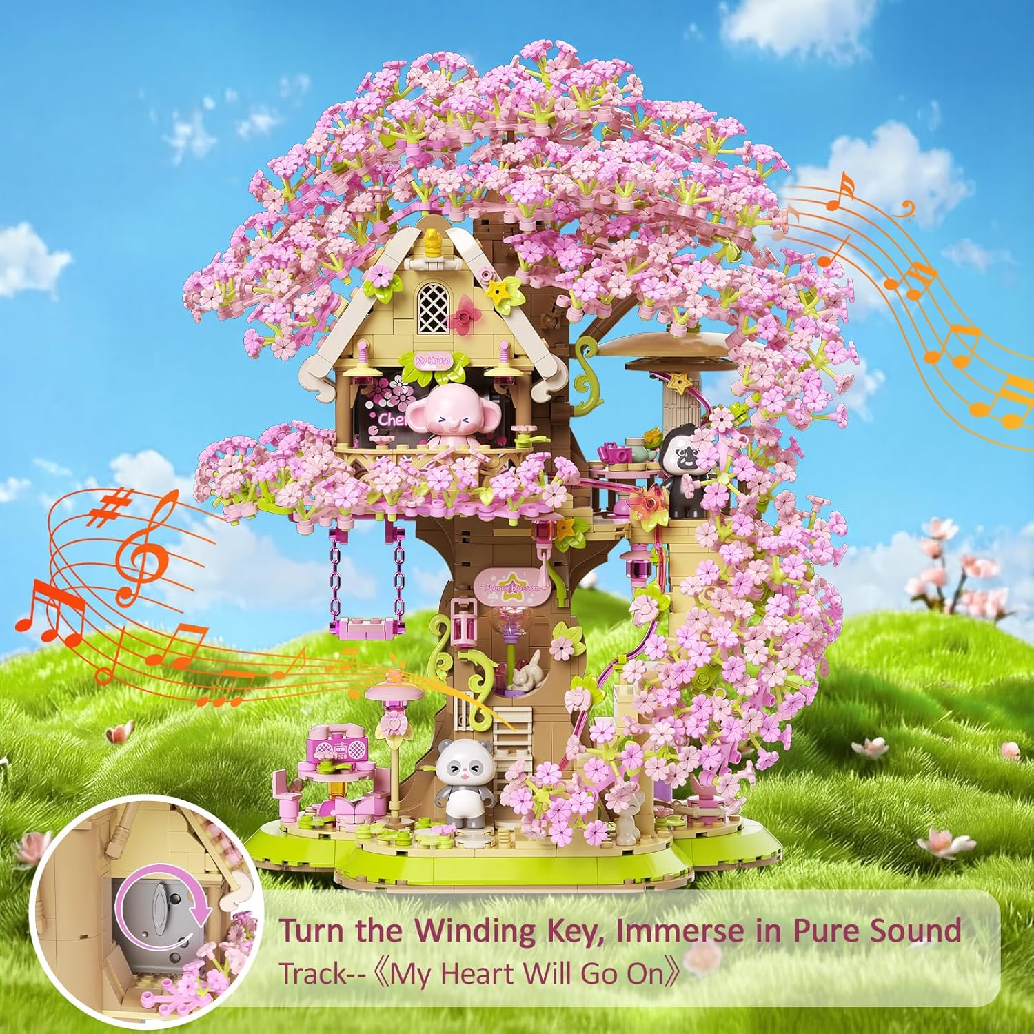 Sakura Bonsai Tree House Building Set with LED Light & Music, 1613 pcs Cherry Blossom Treehouse with 3 Movable Doll, Flowers House Construction Set Valentine's Day Gift Decorative Art Ornaments - Image 2